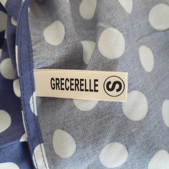 Grecerelle High-Low Maxi Wrap Dress; Blue Polka Dots; Cap Sleeves; Size Small - Picture 3 of 6